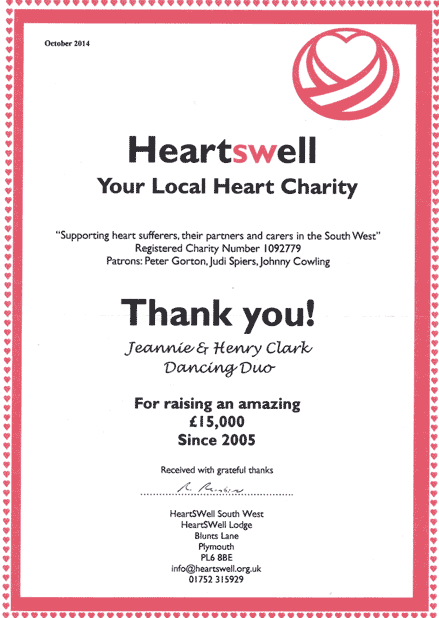 HeartSWell Thank you certificate recognising the £15,000 raised by Dancing duo since 2005